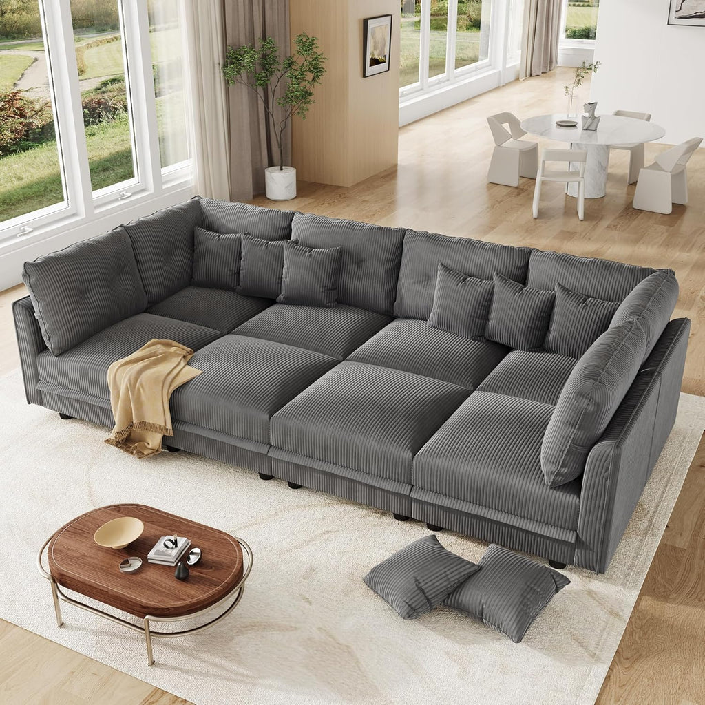 LLappuil Modular Sectional Sofa with Storage Seats, Corduroy Convertible Modular U Shaped Sectional Couch for Living Room, 8 Seat Oversized Sofa with 8 Back Cushion 8 Throw Pillow, Grey