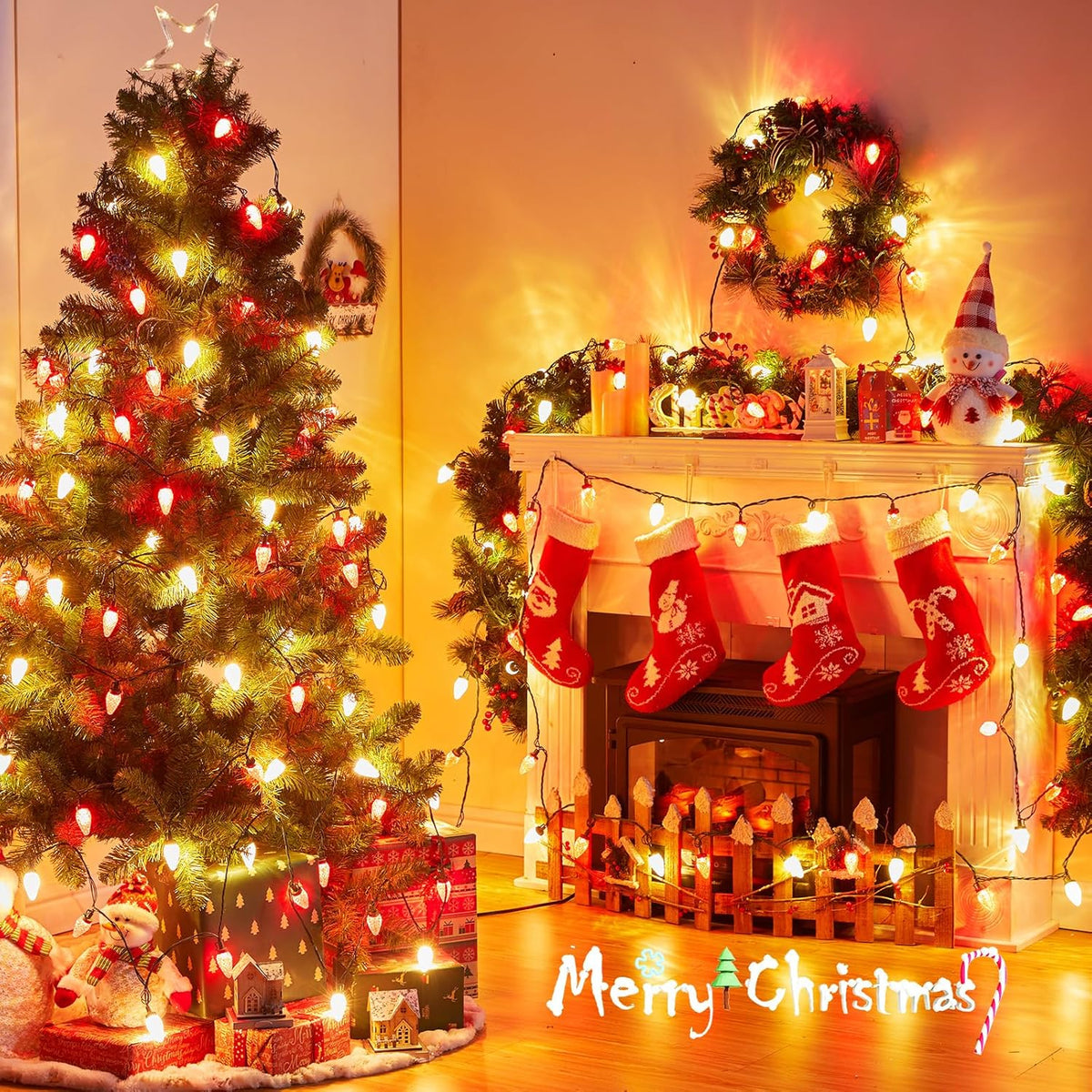 Brightown Red and Warm White C9 LED Christmas String Lights, 33ft 50 LED Waterproof Strawberry String Lights, Plug-in Extendable Green Wire Lights String for Outdoor Indoor Patio Party Decoration