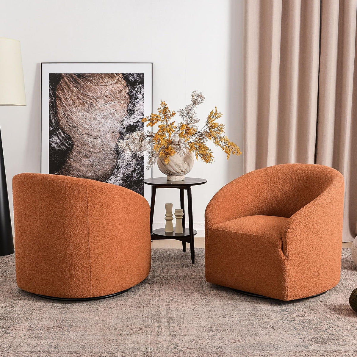 KINWELL 32" Wide Swivel Barrel Chairs Set of 2, Boucle Upholstered Swivel Accent Chairs, Mid-Century 360 Degree Swivel Chairs, No Assembly Round Armchairs for Living Room, Bedroom (Caramel)