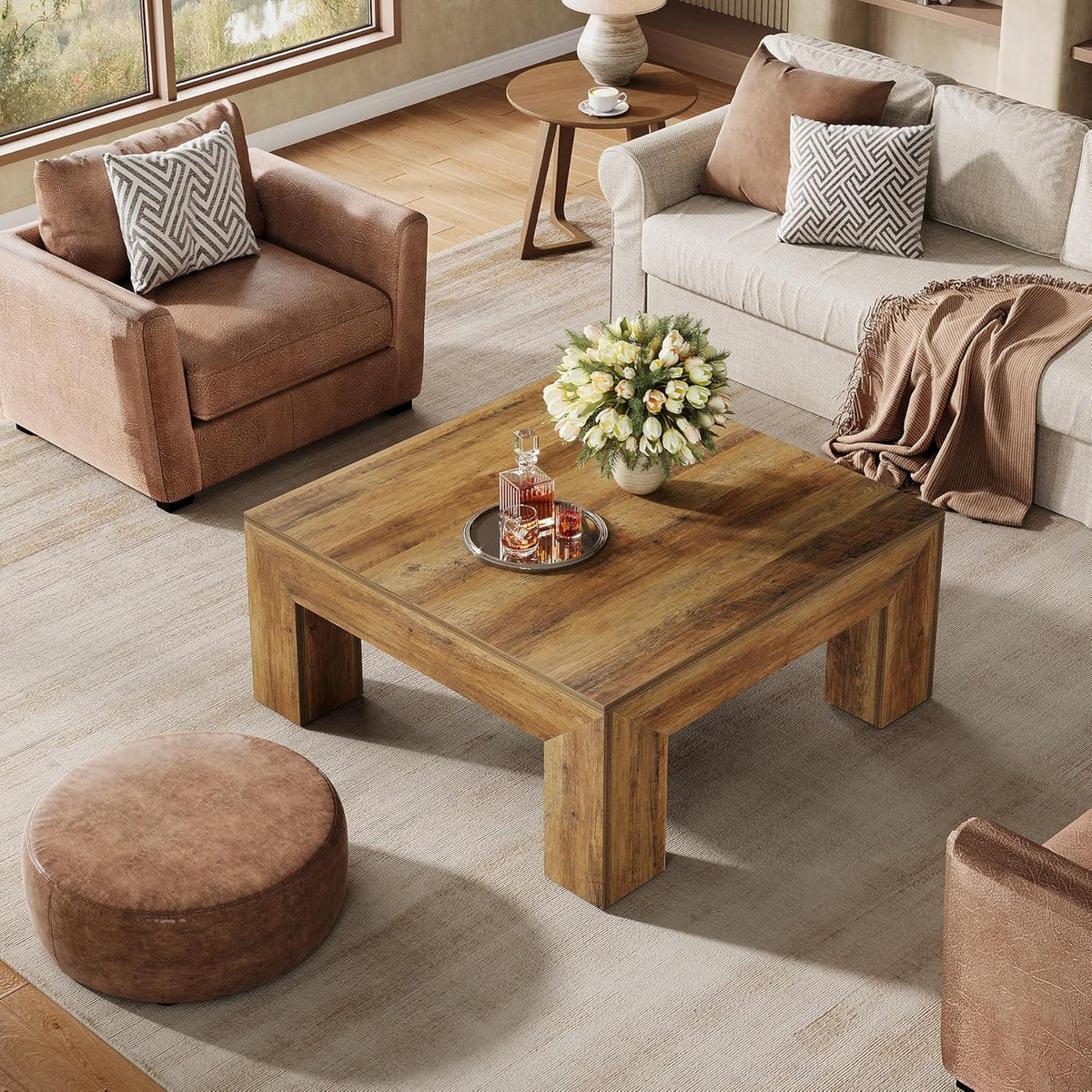 Tribesigns 39.4-Inch Square Coffee Table for Living Room, Farmhouse All MDF Accent Center Cocktail Table with Sturdy Wooden Legs, Easy Assembly, Rustic Brown