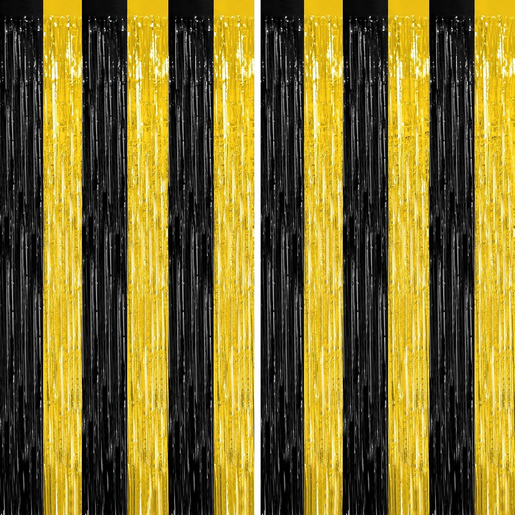 2 Pack Graduation Backdrop, 3.28 FT x 7.05 FT Black and Gold Foil Fringe Curtains, Metallic Foil Curtain Graduation Backdrop, Grad Party Supplies Black and Gold Party Decorations Class of 2025