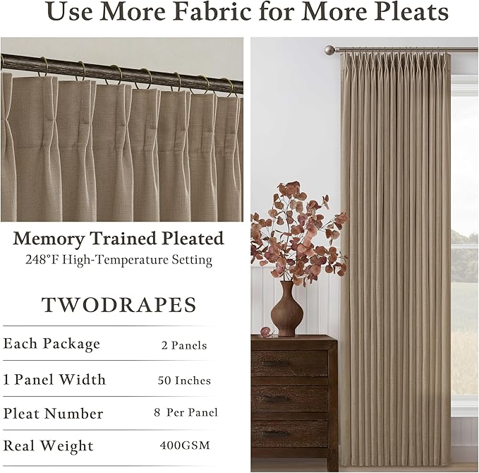 Pinch Pleated Linen Light Filtering Taupe Latte Curtains 72 Inches Length | 72 - Image 2