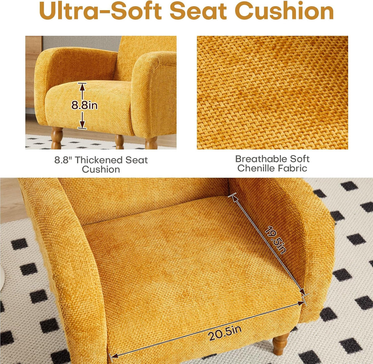 Chenille Fabric Accent Chairs Set of 2, Upholstered Armchair with Solid Wood Legs, Modern Living Room Accent Chair, Comfy Single Sofa Reading Club Chair for Bedroom Reception Lounge, Yellow