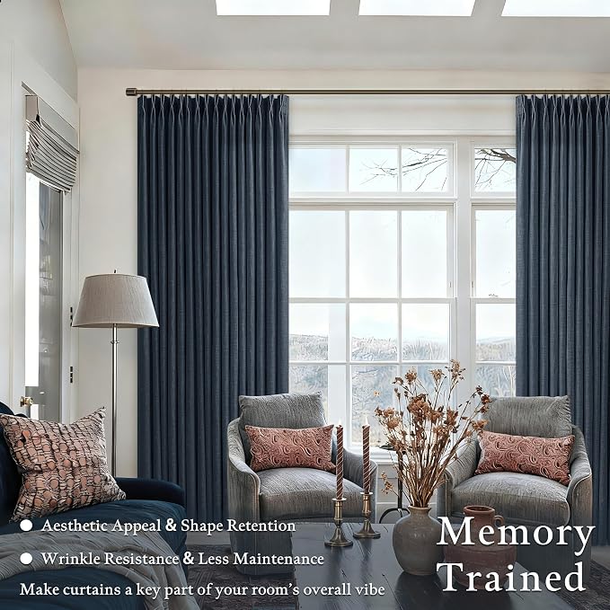 Thick Linen Pleat Dark Blue Semi Sheer Privacy Curtains 50 by 86 2 Panels | 86 - Image 2