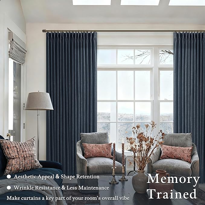 96 Inches Pinch Pleated Semi Sheer Memory Shaped Navy Thick Linen Curtains | - Image 2