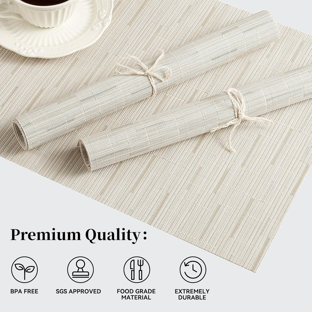 Leetaltree Pale Beige Placemats Set of 6 - Heat Resistant Non-Slip Place mats for Dining Table, Washable Durable PVC Vinyl Woven Table Mats（Pale Beige, 6）