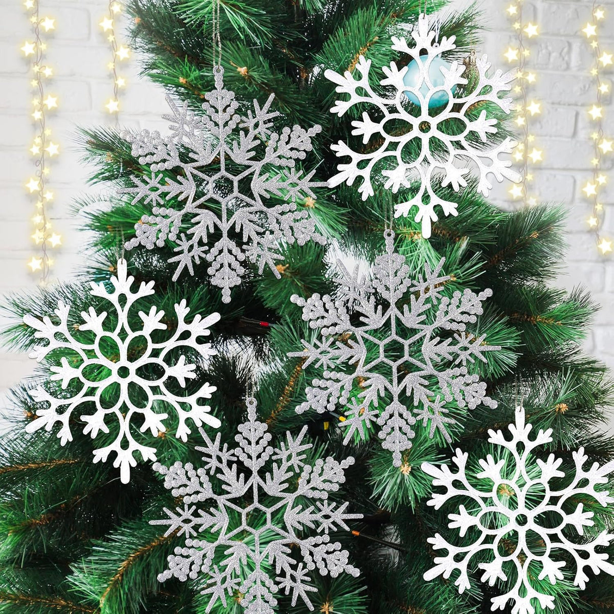 12pcs Large Christmas Snowflakes Decorations, 12" Big Plastic Glitter White Sliver Snowflake Ornaments for Winter Indoor Outdoor Christmas Tree Holiday Window Room Decor Craft Snowflakes