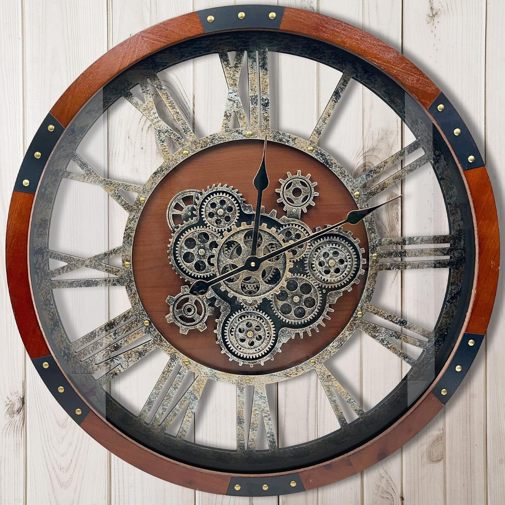 DORBOKER 30" Original Moving Gears Wall Clock, Large Industrial Wall Clock for Living Room Decor, Retro Wood Vintage Farmhouse Steampunk Rustic Clocks for Wall Decor,Black Walnut