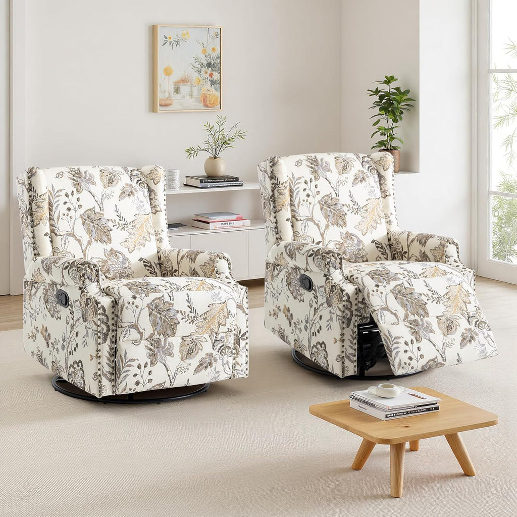 UIXE Swivel Rocker Manual Recliner Chairs Set of 2, Wingback Swivel Glider Fabric Nursery Reclining Sofa Chair, High Back Upholstered Arm Chair for Living Room Bedroom - Beige Plants