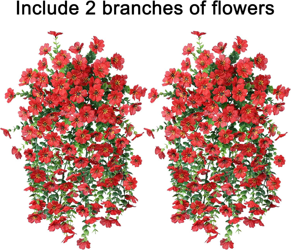 INSPRING Artificial Faux Outdoor Outside Flowers Plants, 2 PCS Fake Silk UV Resistant Look Real Red Daisy Trailing Vines for Front Door Porch Planter Urn Patio Balcony Decoration