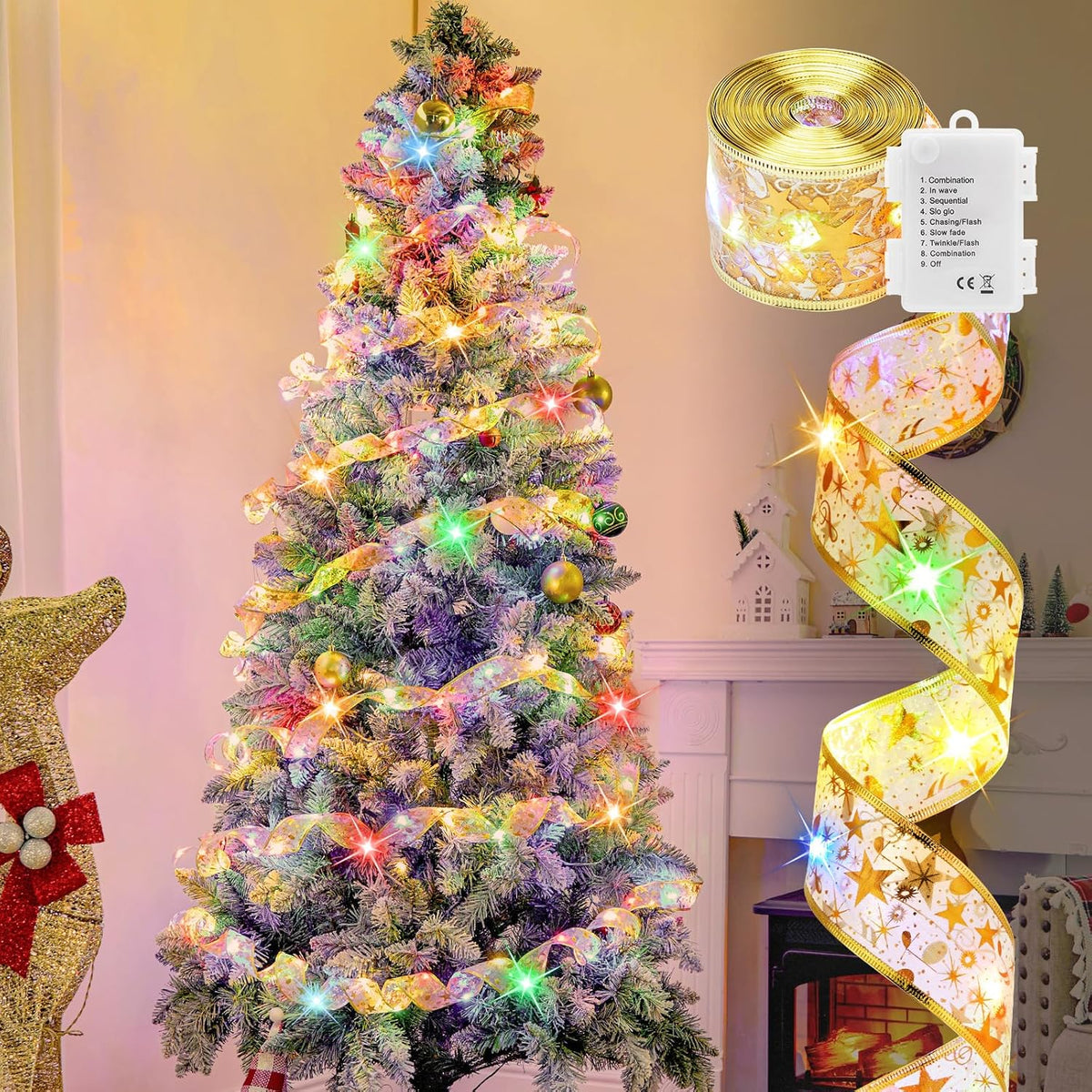 Christmas Tree Ribbon String Lights - 33ft 100 LED Battery Powered Fairy Lights with Timer and 8 Lighting Mode, Ribbon Bows Lights for 6ft - 8ft Christmas Tree New Year Decor, Gold Ribbon, Multi-color