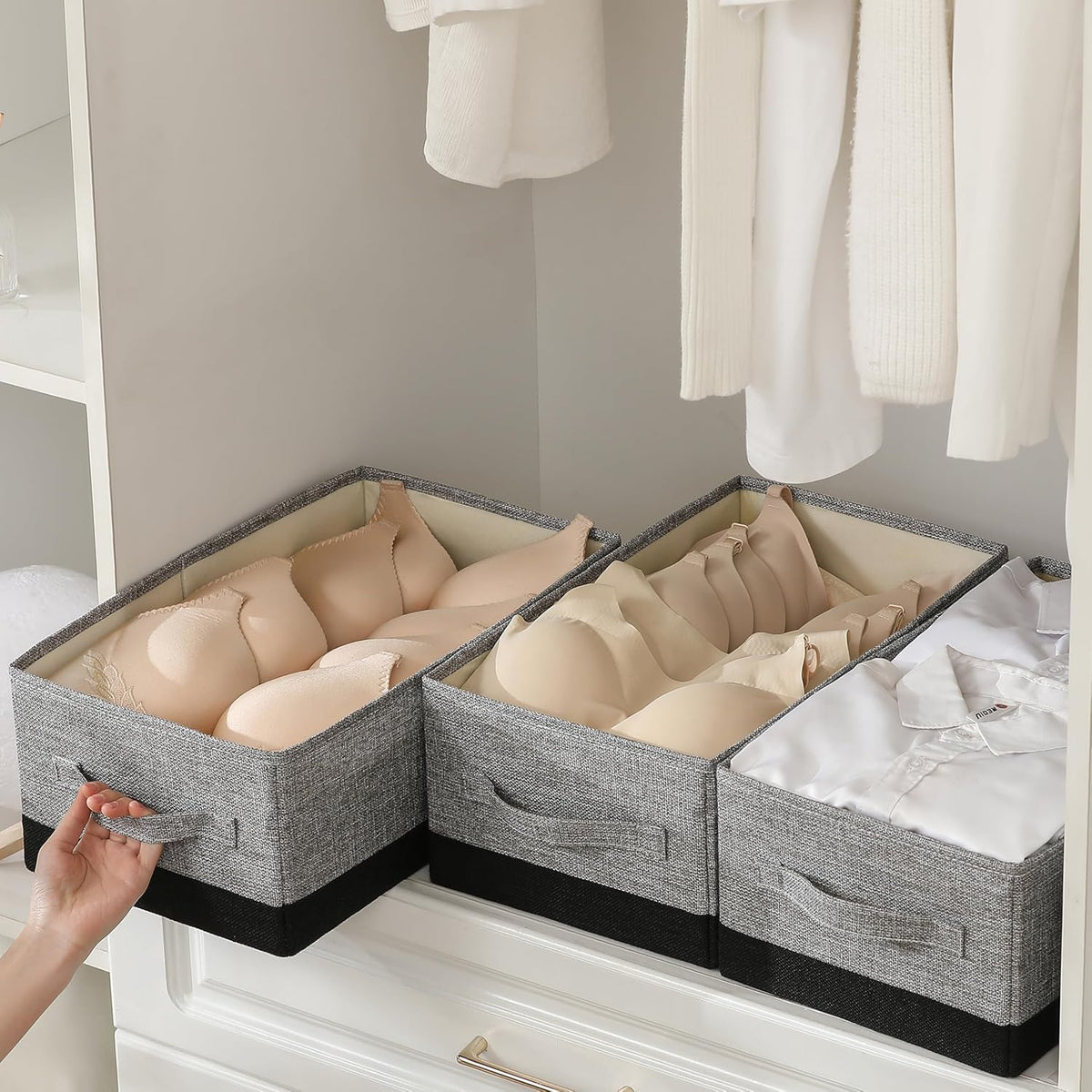 linen closet organizers and storage, 3 Pack Large Storage Baskets, Washable, Clothing Storage Bins with Handle, Closet Organizer for Storage Sweater,Sheets (gray black, 16"x9½"x6¾")