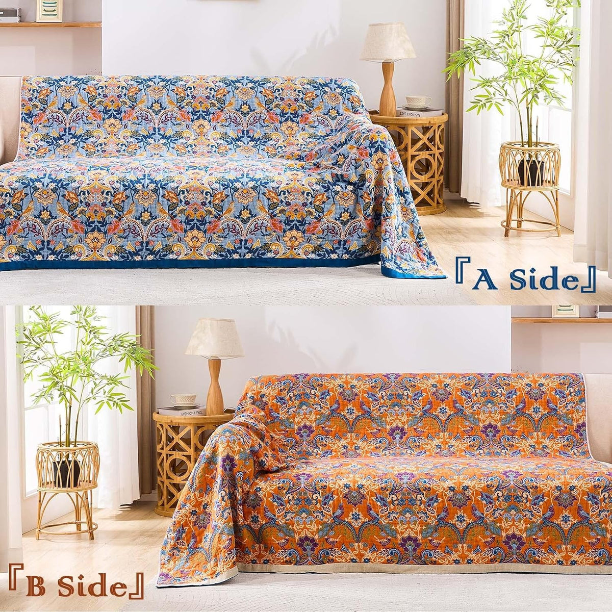 Boho Throw Blanket for Bed, 100% Cotton Soft Rustic Quilt Fall Blanket, 80"x90" Floral Printed Farmhouse Decor Bed Blankets, All Season Rustic Reversible Bohemian Throw Quilt