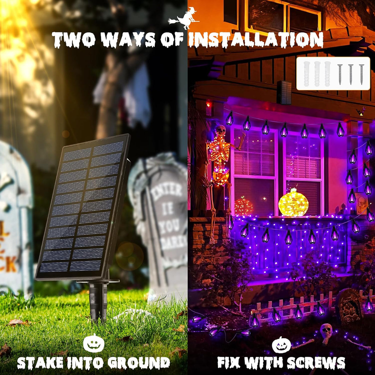 iBaycon Solar Halloween Lights, 42Ft 15 LED Bulbs Flickering Flame String Light, Outdoor Waterproof Solar Flame Lights for Garden Yard Patio Halloween Decorations (Purple)