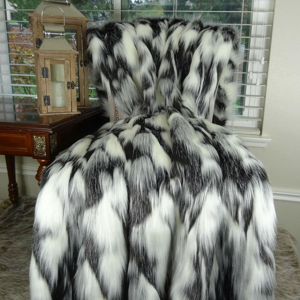 Gray Black White Faux Fur Oversized Blanket and Bedspread - Tibet Fox Fur - Gray Black White Luxury Faux Fur - Soft Faux Fur Blankets, Bedspreads and Throws, Handmade in USA, 16438
