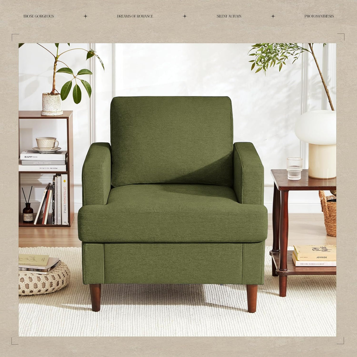 Mid-Century Accent Chair,Modern Linen Fabric Armchair for Living Room,Comfy Upholstered Reading Accent Chairs for Bedroom,Single Sofa Chair with Wood Legs (Green, 2 Pack)