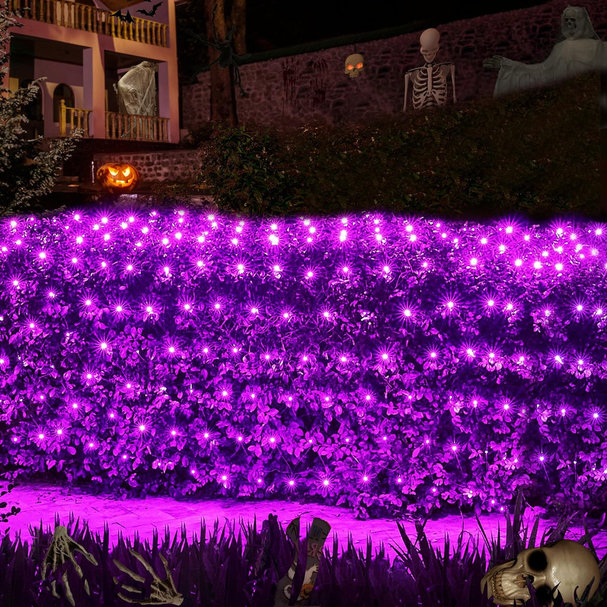 WBao Halloween Lights Outdoor 360LED 11.5ft x 6.9ft Halloween Net Lights with 8 Modes, Timer, Connectable, Waterproof & Dark Green Wire for Lawn, Bushes, Shrubs Outdoor Holiday Decorations, Purple