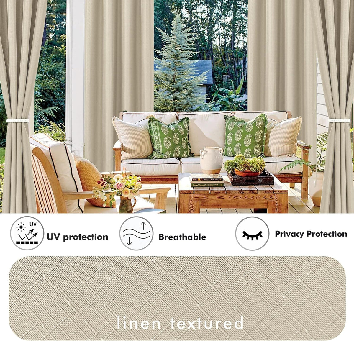 HolidayIdeas 6 Panels Linen Outdoor Curtains for Patio Waterproof-Cream Outside Gazebo Curtains 54"x95"-Indoor/Outdoor Weighted Weatherproof Curtains, Privacy for Pergola, Porch, Cabana, Sunroom