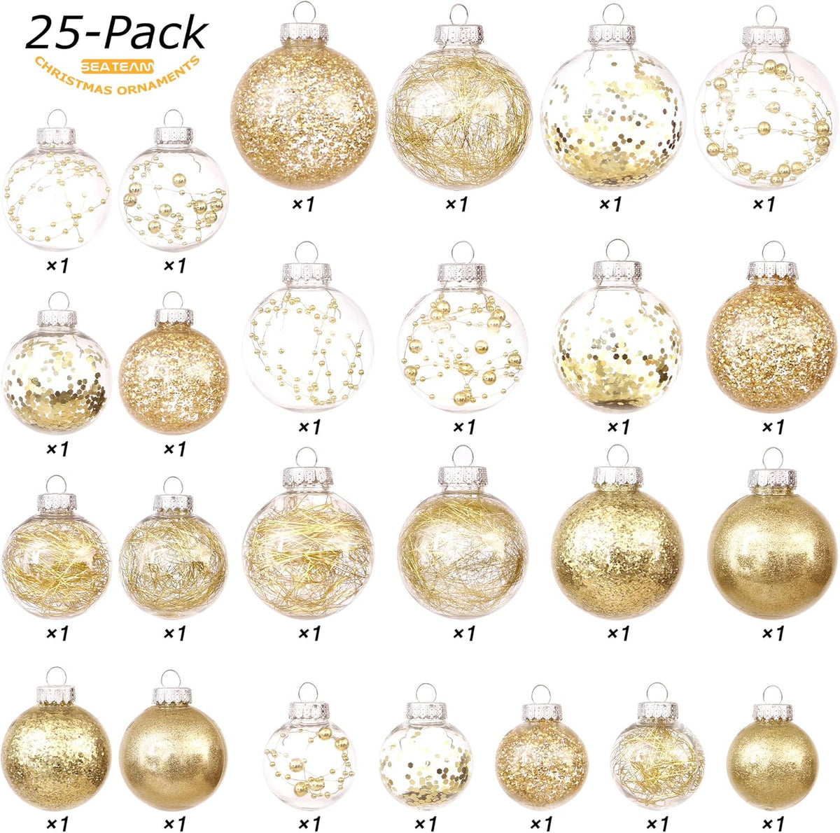 Sea Team Christmas Baubles Set Clear Plastic Shatterproof Multi-Size Decorative Christmas Baubles with Stuffed Delicate Decorations (25 Pieces, Gold)