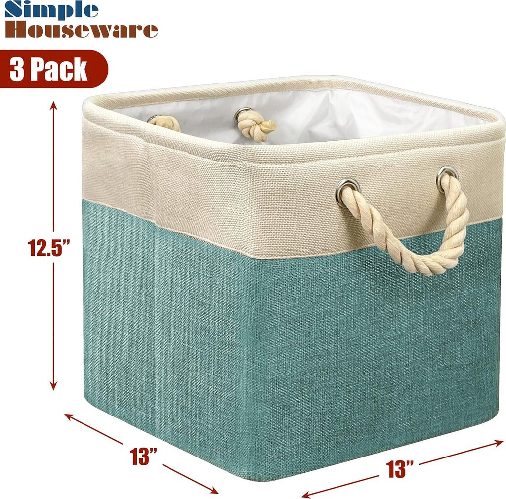 SIMPLE HOUSEWARE Fabric Storage Cubes, 13" x 13" Storage Bin, 3 Pack, Turquoise