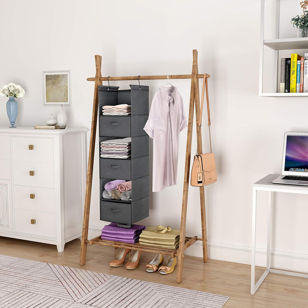 MAX Houser 6 Tier Shelf Hanging Closet Organizer, Closet Hanging Shelf with 2 Sturdy Hooks for Storage, Foldable (Grey-D3)