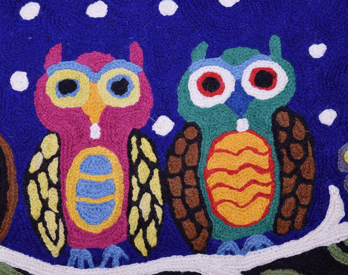 Lumbar Four Owls Decorative Pillow Cover Blue Whimsical Hand Embroidered Wool 14x20