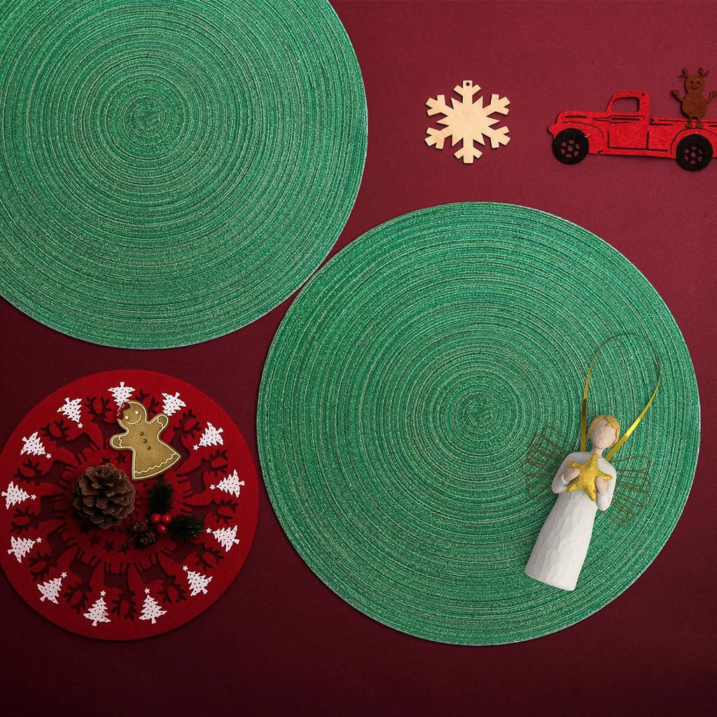 AHHFSMEI Round Braided Placemats Set of 6 Round Table Mats for Dining Tables Natural Woven Heat Resistant Place mats 15 Inch (Christmas Green, 6)