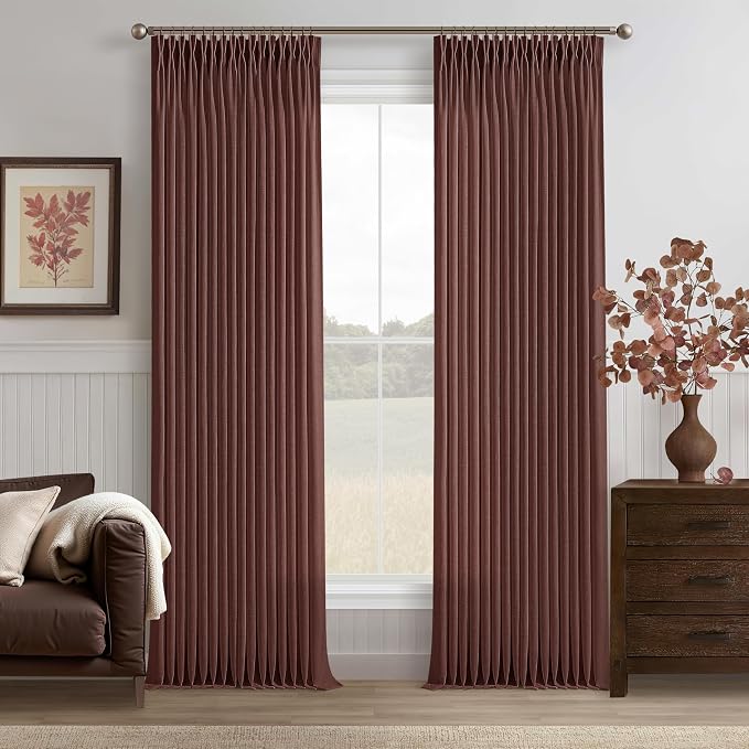 Linen Pleated Rust Brown Memory Trained Light Filtering Curtains 102 Inch | 102 by Twodrapes