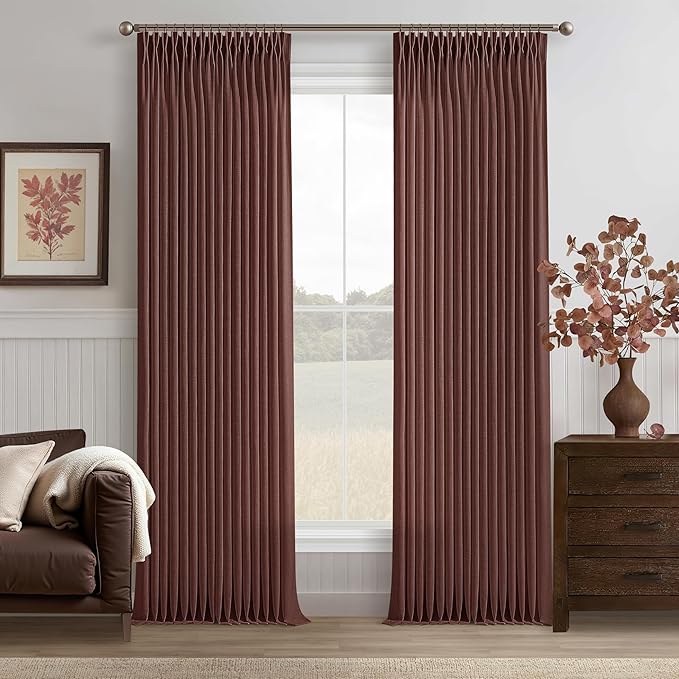 Chestnut Brown Thick Linen Pleated Light Filtering Curtains 96 Inch Long | by Twodrapes