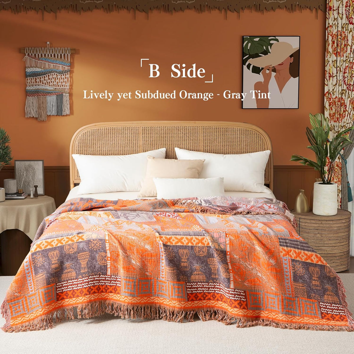 Boho Throw Blanket Twin Size, Soft Cozy Cotton Muslin Quilt Blanket for Bed Decor, Patchwork Block Couch Sofa Chair Cover, Vintage Farmhouse Cottage Tapestry Woven Blanket, Red&Orange