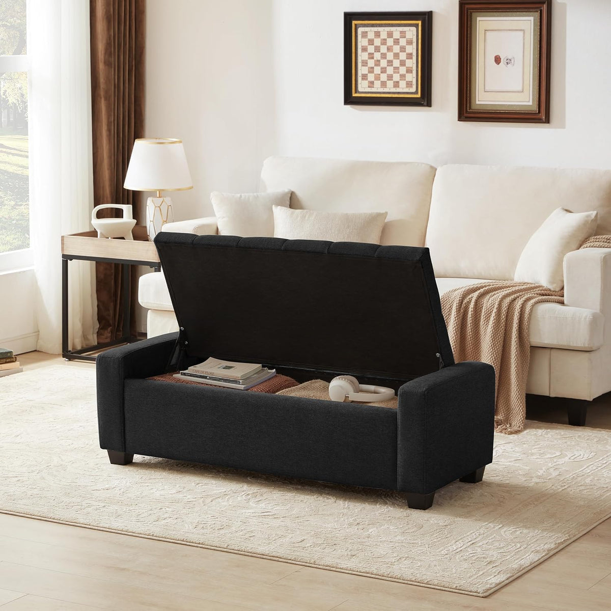 48" Ottoman with Storage, Black Storage Ottoman Bench with Safety Hinge, Upholstered Entryway Bench with Seating for Bedroom, Living Room, Holds up to 330 lb