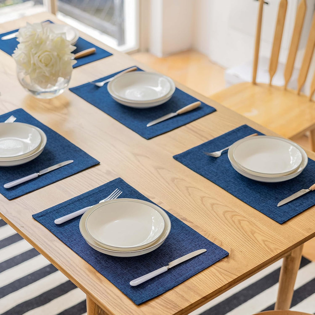 Demetex Navy Blue Place Mats Set of 8 Modern Wipeable Placemats Heat Resistant Table Mats for Holiday Picnic Dinner, 13x19 inch, Navy Blue