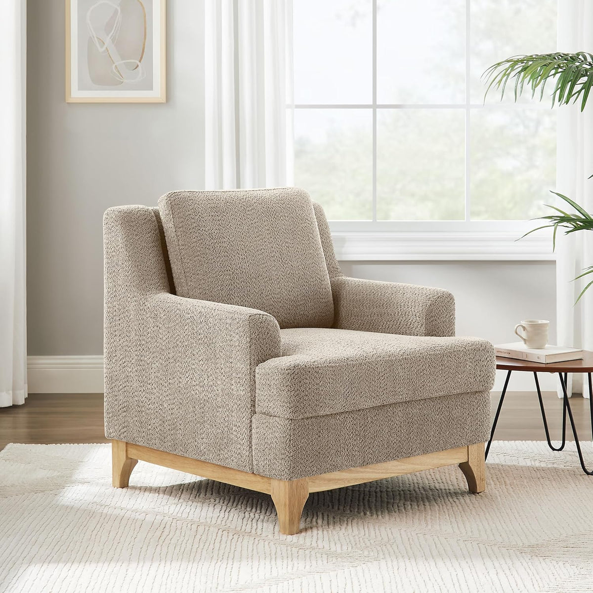 Oversized Accent Chair, Modern Boucle Armchair with Wood Legs, Modern Reading Chair with Thick Cushion, Comfy Chairs for Living Rooms, Bedrooms, Reading nooks and Apartments