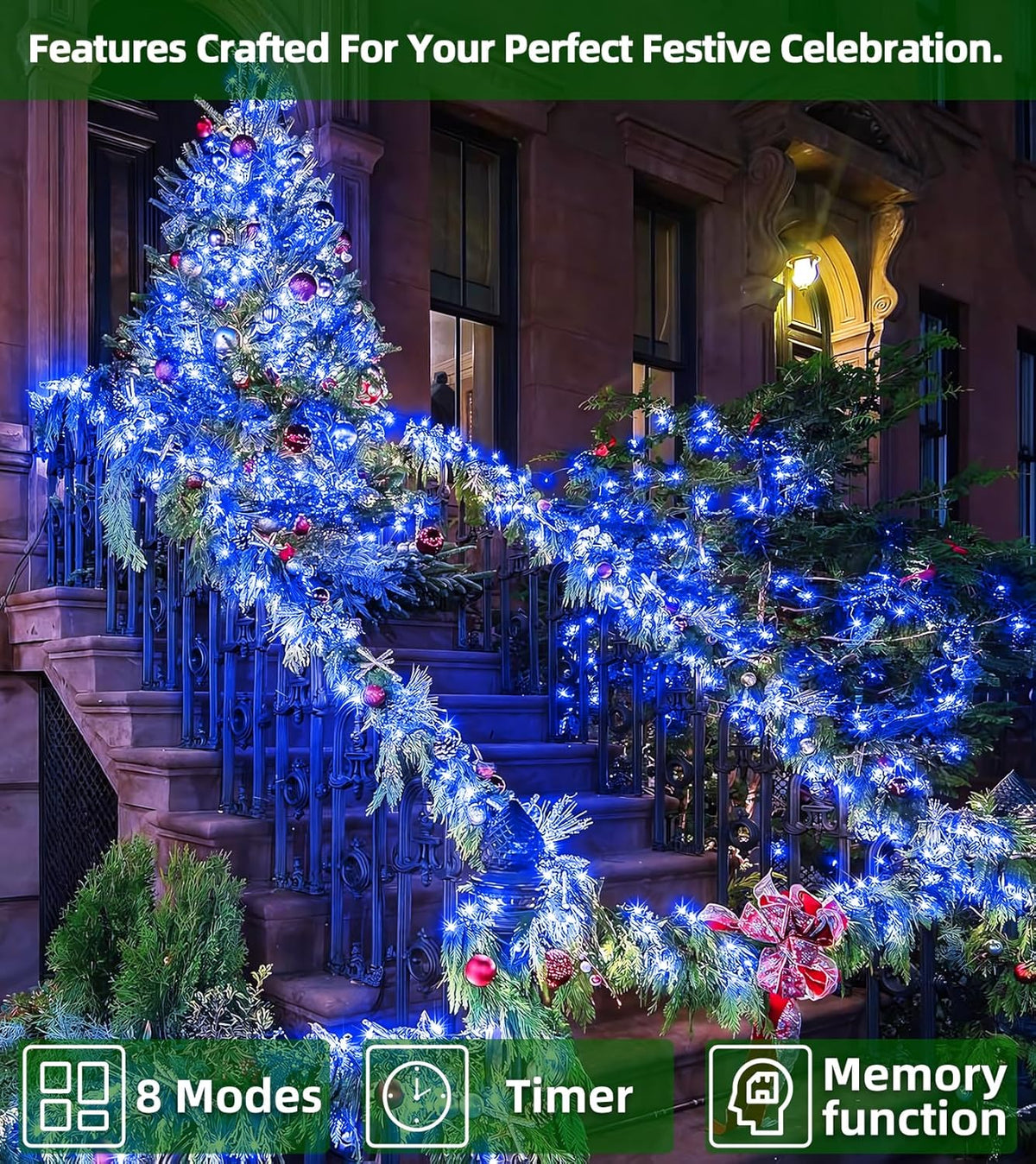750 LED Outdoor Christmas Lights Decorations, 246ft Green Wire LED Christmas String Lights with Timer Memory, Twinkle Lighs for Indoor Outdoor Xmas Party Christmas Tree Wedding Garden Patio Blue