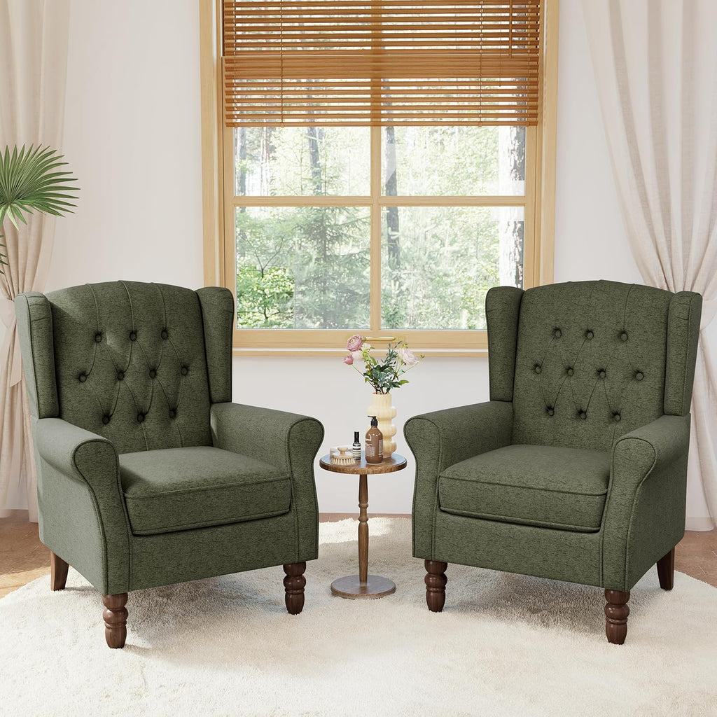 Lumibee High Back Accent Chair Set of 2,Upholstered Wingback Armchair with Solid Wood Legs for Small Spaces,Comfy Single Sofa Chair for Living Room,Bedroom,Office-Green