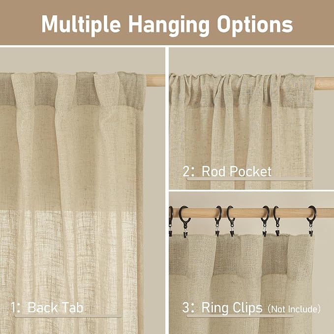 Semi Sheer Linen Curtains 96 inches Long 2 Panels Set, 52 x 96 Inch | Light - Image 2