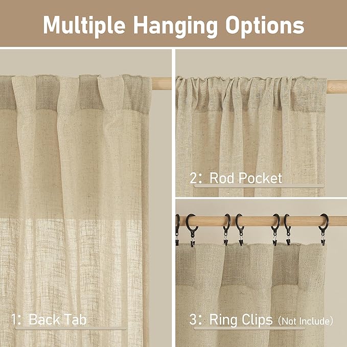 Natural Linen Sheer Curtains for Living Room 2 Panels 52 x 108 Inch | Semi Sheer - Image 2