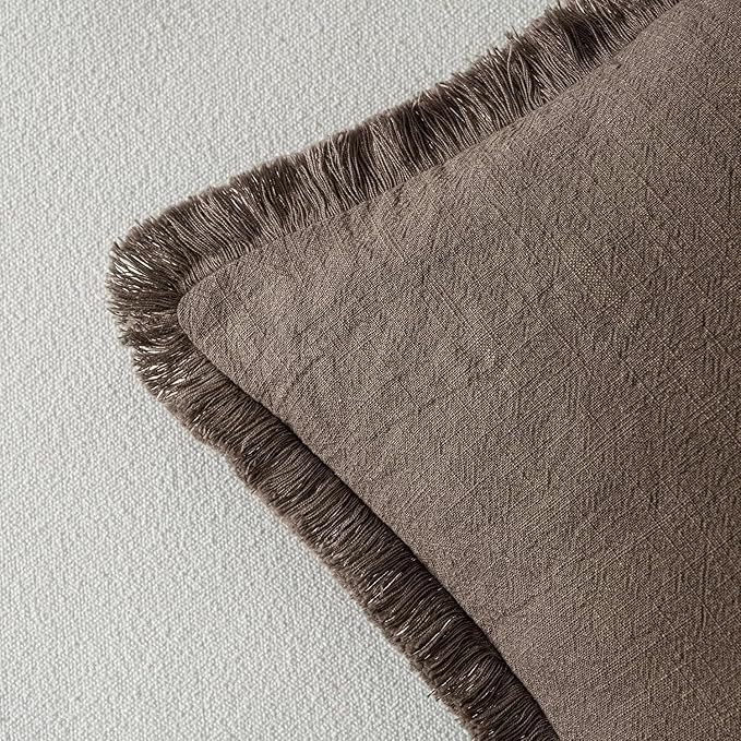 MIULEE Boho Linen Fringe Decorative Fall Throw Pillow Covers Coffee 20x20 | Set - Image 3