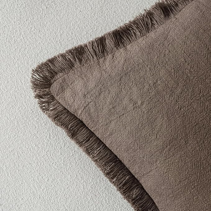 MIULEE Boho Linen Fringe Decorative Fall Throw Pillow Covers Coffee 18x18 | Set - Image 3