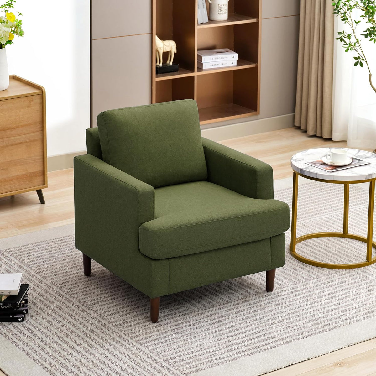 Mid-Century Accent Chair,Modern Linen Fabric Armchair for Living Room,Comfy Upholstered Reading Accent Chairs for Bedroom,Single Sofa Chair with Wood Legs (Green, 2 Pack)