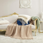 Amélie Home Knit Throw Blanket with Tassels for Couch, Luxury Boho Throw Blanket for Summer Ivory, 50"x60"