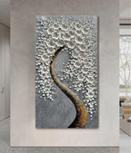 100% Hand-Painted 3D White Vertical Abstract Flower Tree Painting, Canvas Texture Mural, Living Room, Bedroom, Dining Room Mural 24x48 inchs