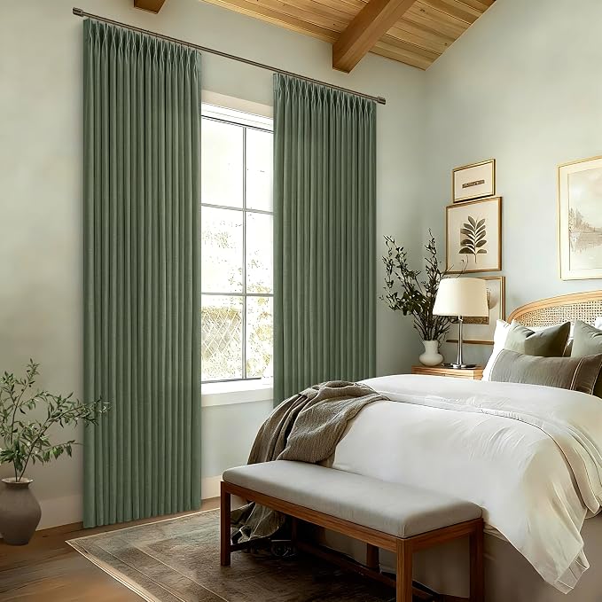 Olive Green Linen Pleated Curtains Semi Sheer Boho Curtain 50Wx80L 2 Panels | - Image 7