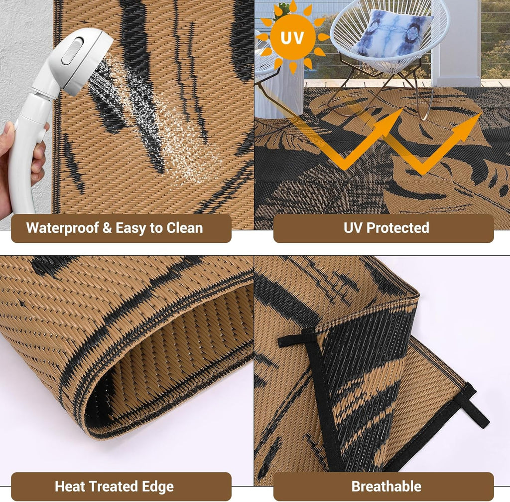 GAOMON Outdoor Rug Waterproof 9x12 Outdoor Plastic Straw Rug for Patio, Reversible Modern Camping Mat with Bag & Stakes, UV Resistant & Easy to Clean Carpet for RV, Deck, Balcony, Porch, Brown