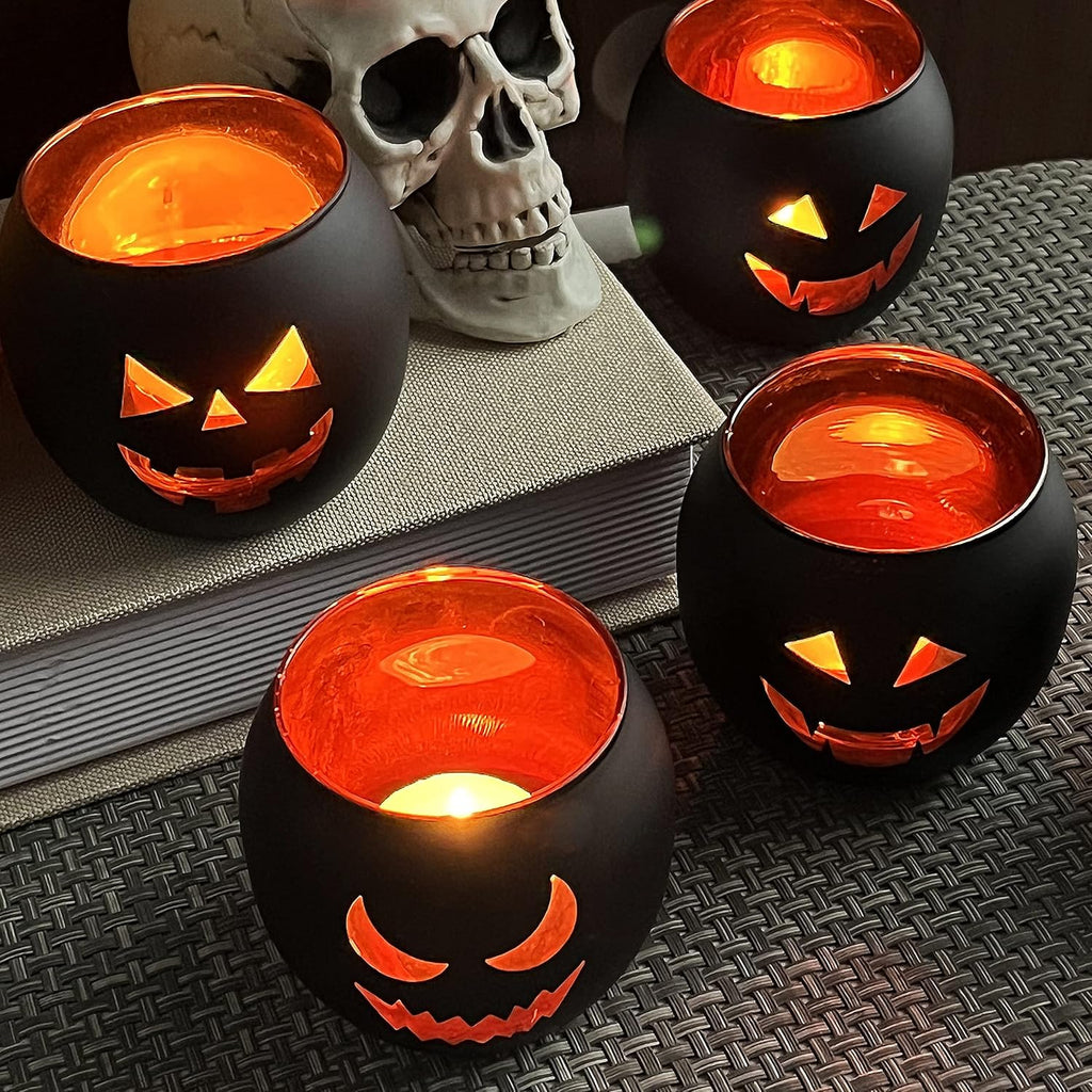 SHMILMH Halloween Table Centerpiece Candle Holders Set of 12, Black and Gold Glass Votive Holder with 6 Grimace, Tealight Holders Bulk for Halloween Party D?or