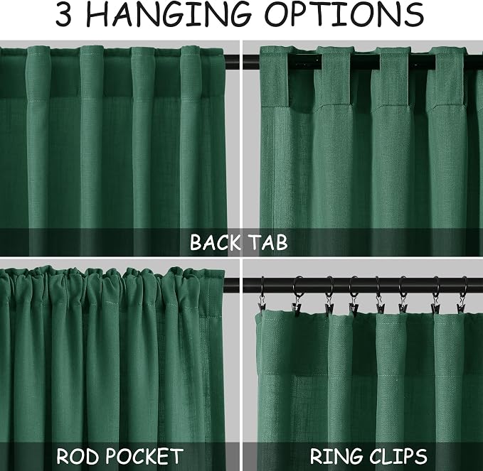 Dark Green Linen Curtains 84 Inch Length 2 Panels Set - Image 2