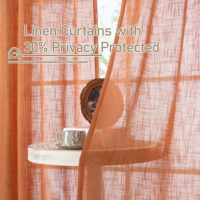Burnt Orange Sheer Linen Curtains 80 inch Length, Light Filtering Linen Boho - Image 8