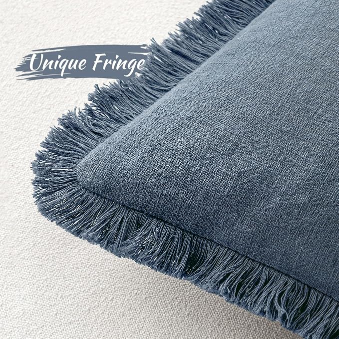 MIULEE Linen Fringe Decorative Euro Throw Pillow Covers Blue Ashes 26x26 | Set - Image 3