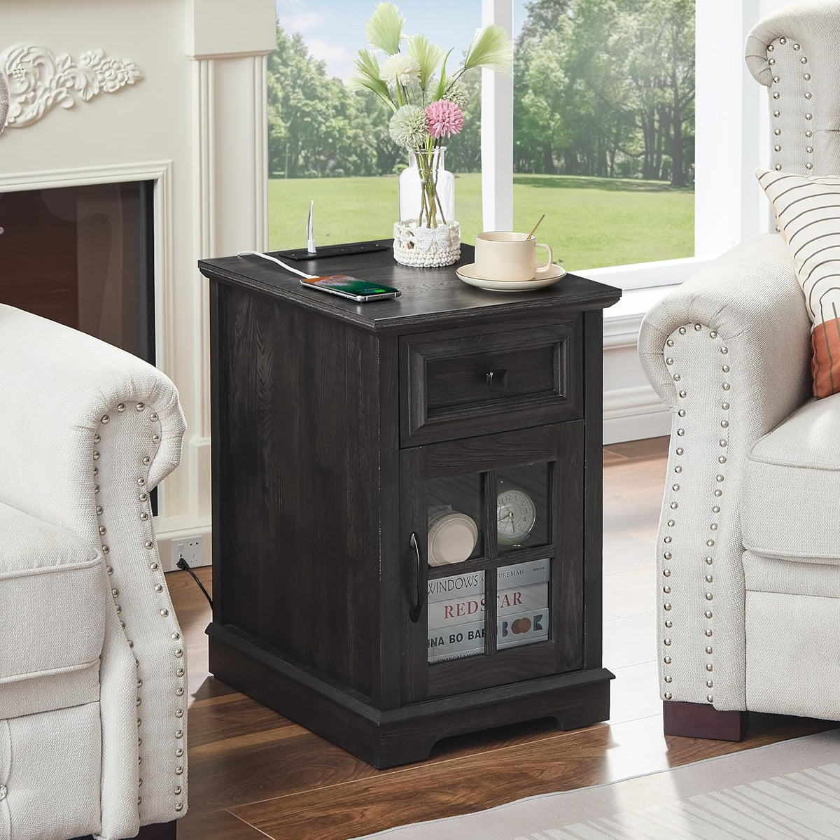 Farmhouse XXL End Table with Charging Station, Side Table with USB Ports and Outlets, Nightstand with Drawer and Glass Door Storage, Grey Bedside Tables for Living Room, Bedroom, Office