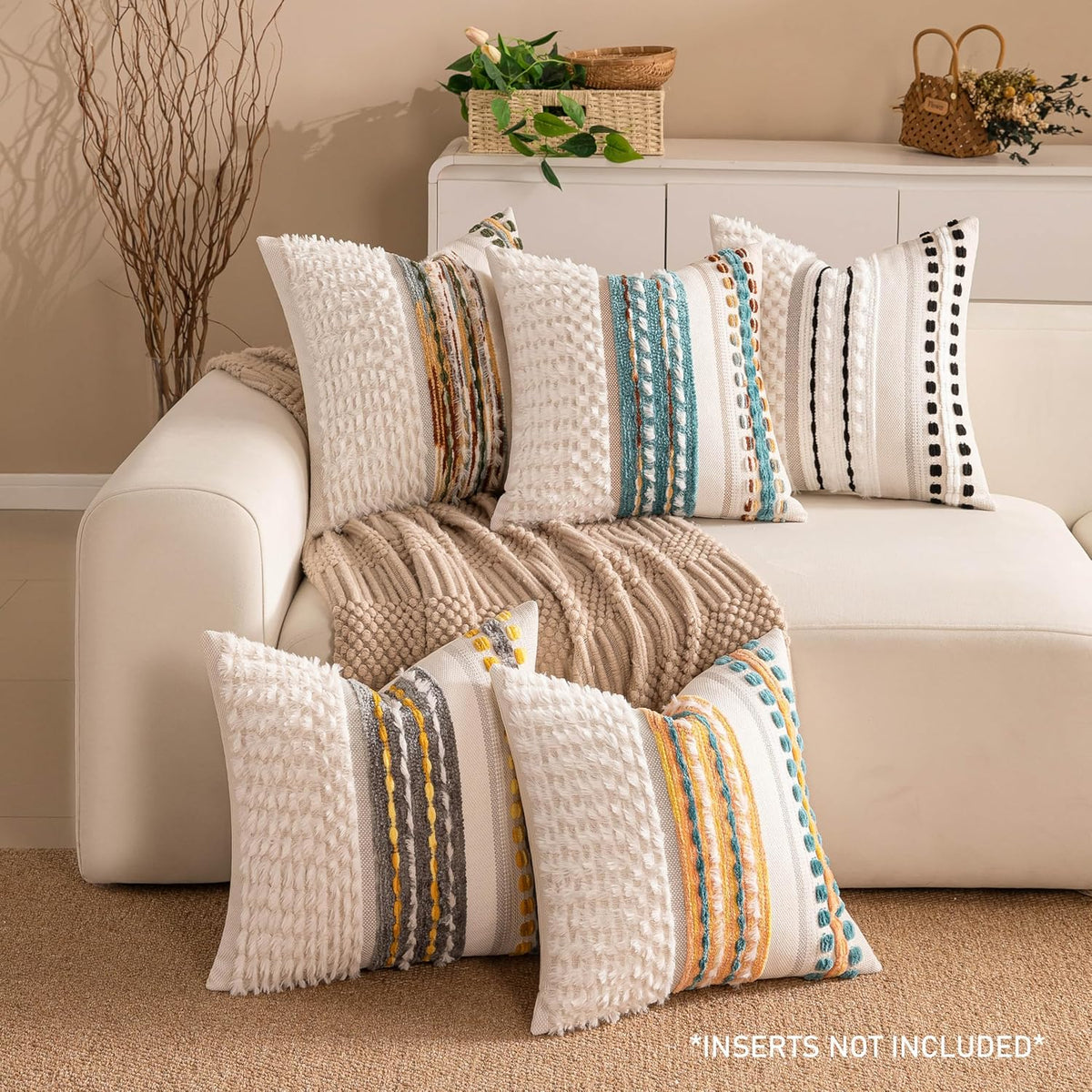 Boho Chenille Tufted Couch Throw Pillow Covers 18x18 Inch Set of 2 Farmhouse Striped Decorative Pillow Covers Accent Neutral Pillowcase Black Cushion Cover for Living Room Sofa Bed